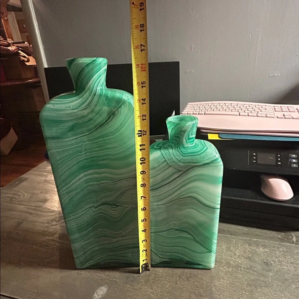 Pair of‎ Heavy Hand Blown Green Swirl Decorative Vases